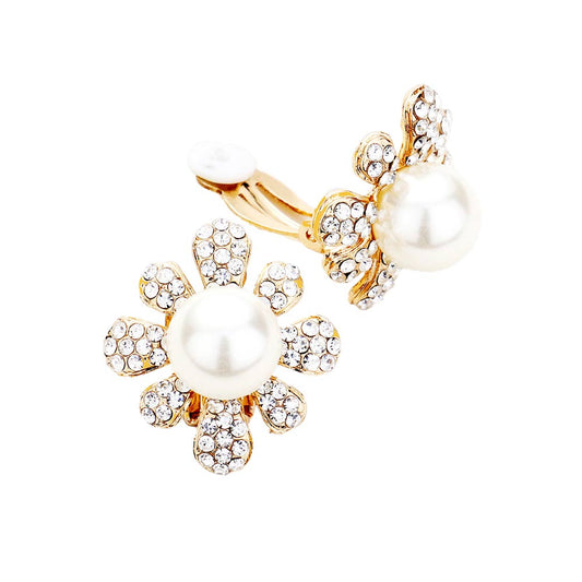 Pearl Centered Crystal Floral Clip On Earrings