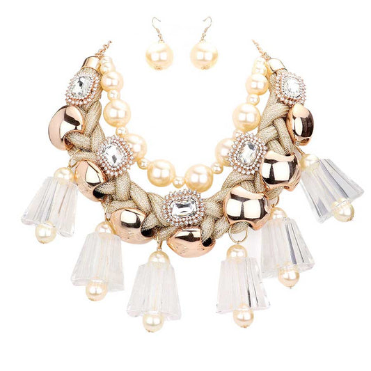 Pearl Chunky Lucite Cord Braided Statement Necklace