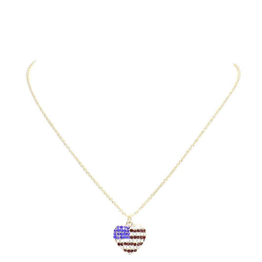 Rhinestone Embellished American USA Flag Pendant Necklace