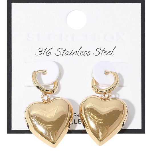 SECRET BOX Stainless Steel Heart Dangle Huggie Hoop Earrings