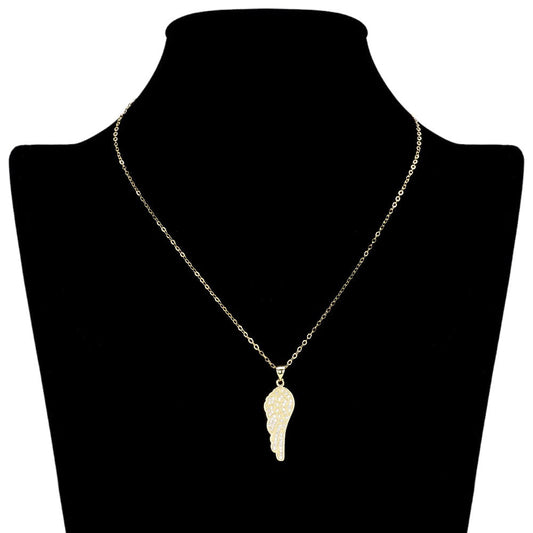 Stainless Steel Stone Paved Wing Pendant Necklace