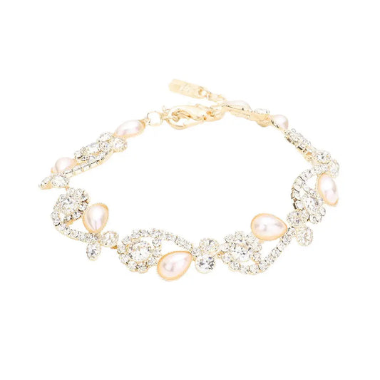 Teardrop Pearl Rhinestone Pave Floral Evening Bracelet