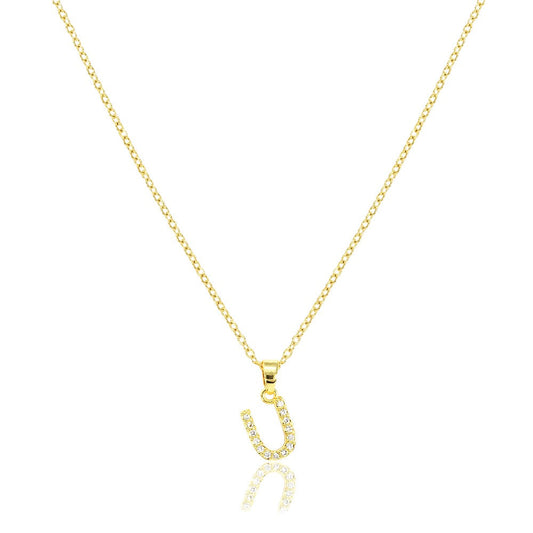 U Stainless Steel CZ Stone Paved Monogram Pendant Necklace