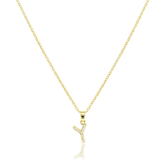 Y-Stainless Steel CZ Stone Paved Monogram Pendant Necklace