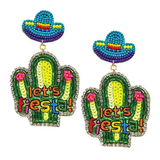 Lets Fiesta Felt Back Sequin Beaded Cactus Dangle Earrings