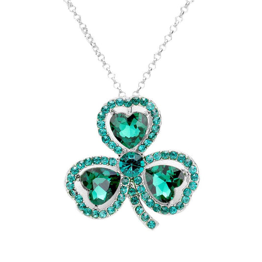Women's Heart Crystal Rhinestone Clover Pendant Necklace St. Patrick's Day