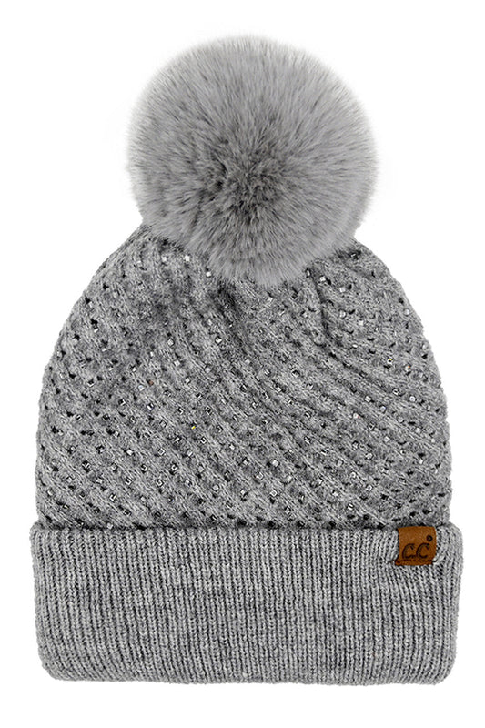 C.C Allover Rhinestone Pom Beanie