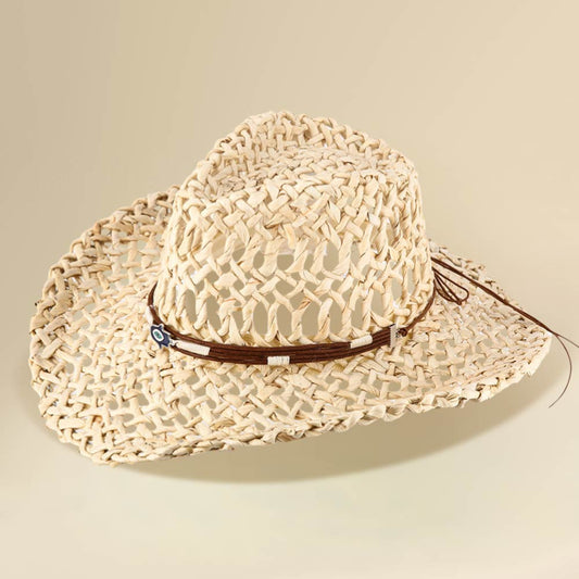 Boho Western Hamsa Hand Accent Band Breathable Woven Cowboy Fedora Sun Hat