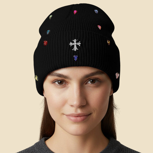 Women's Rhinestone Cross Accent Teardrop Stone Cluster Embellished Knit Beanie Hat
