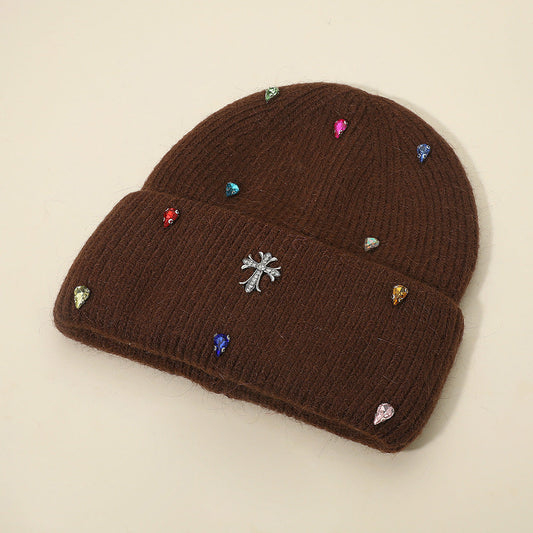 Women's Rhinestone Cross Accent Teardrop Stone Cluster Embellished Knit Beanie Hat