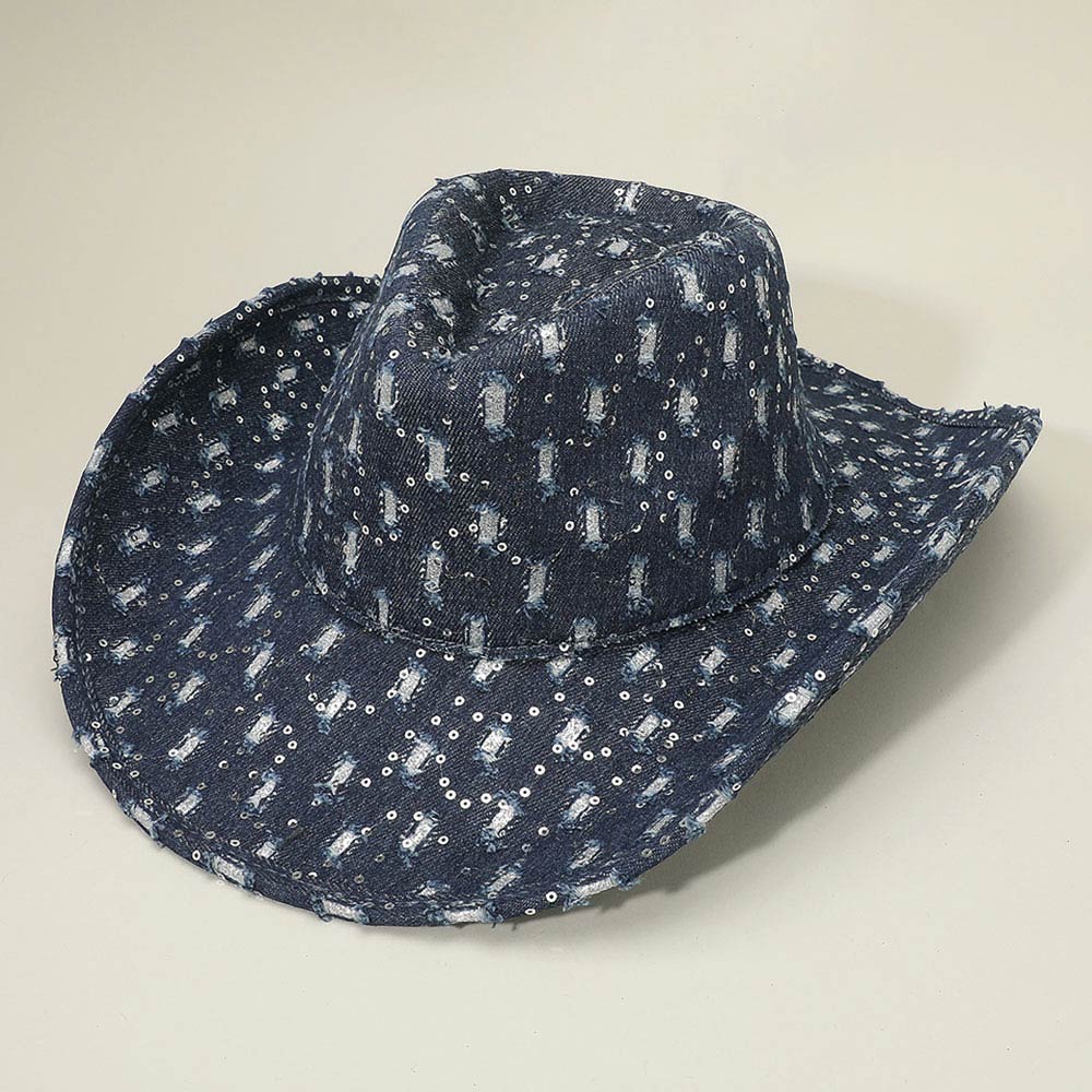 Wide Brim Distressed Sequin Pattern Cowboy Fedora Hat