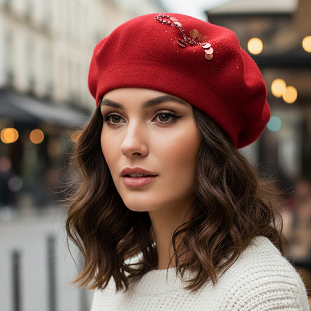 Decorative Sequin Rhinestone Embellished Winter Beret Hat
