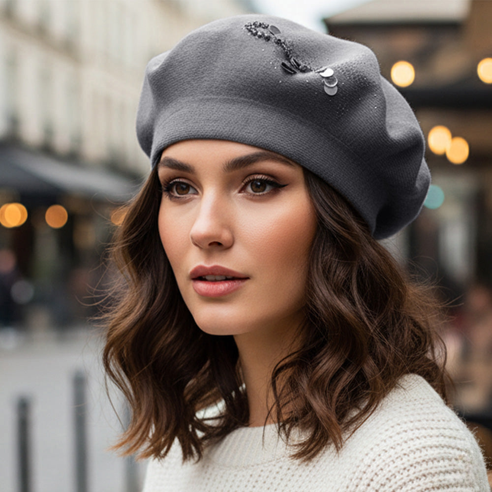 Decorative Sequin Rhinestone Embellished Winter Beret Hat