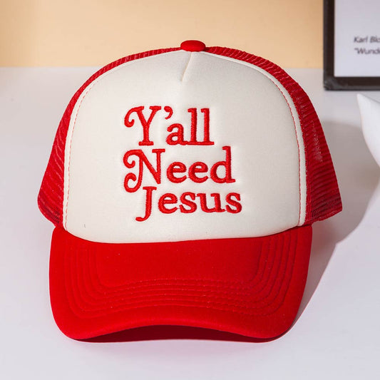 YALL NEED JESUS Message Embroidered Mesh Back Trucker Hat