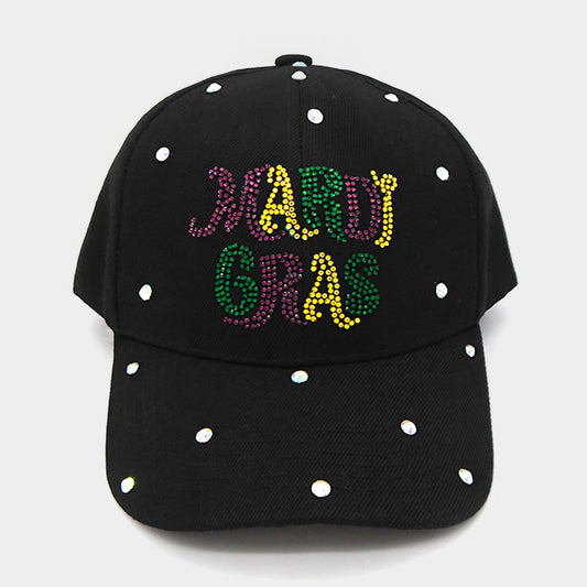 Women's Bling Studded Mardi Gras Message Accented Baseball Cap