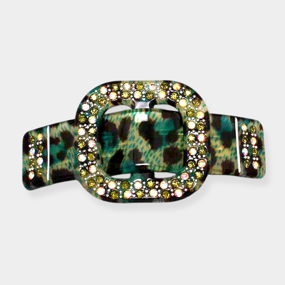 Rhinestone Buckle Leopard Print Resin Hair Barrette