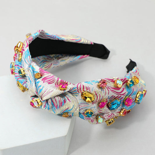 Oval Round Stone Cluster Embellished Jacquard Knot Headband