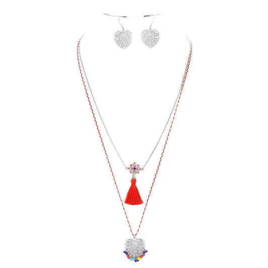 Heart Pendant Necklace With Tassel Set