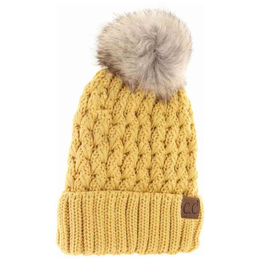 Solid Lattice Stitch Fur Pom C.C Beanie