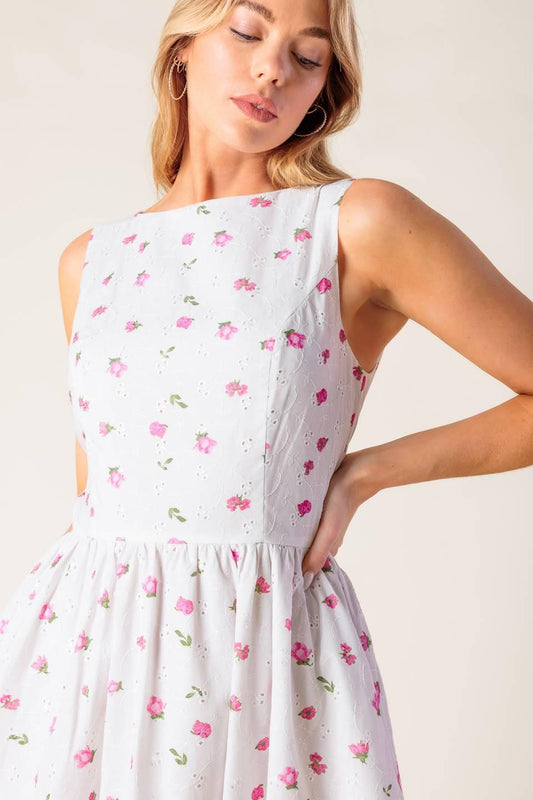 THENA GARDEN PARTY WOVEN EYELET MIDI DRESS