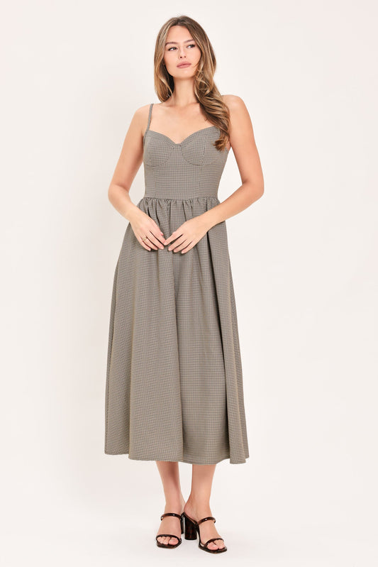 WHERE HEARTS WANDER PLAID WOVEN MIDI DRESS