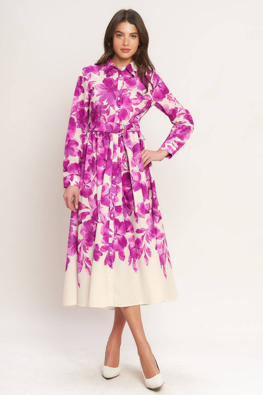 EVERGREEN CAMELLIA DREAM WOVEN MIDI SHIRT DRESS