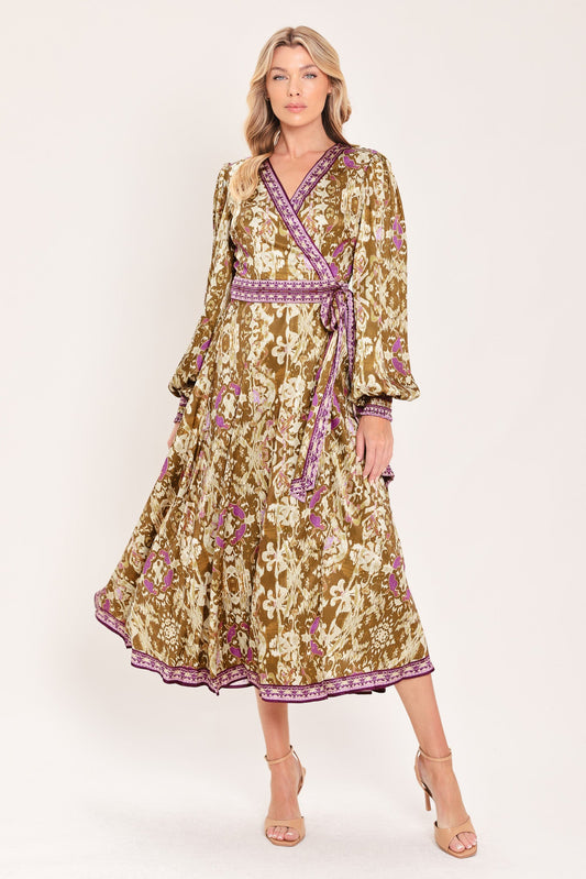 IKAT BLOOM WOVEN MIDI TRUE WRAP DRESS