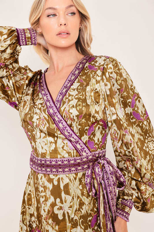 IKAT BLOOM WOVEN MIDI TRUE WRAP DRESS