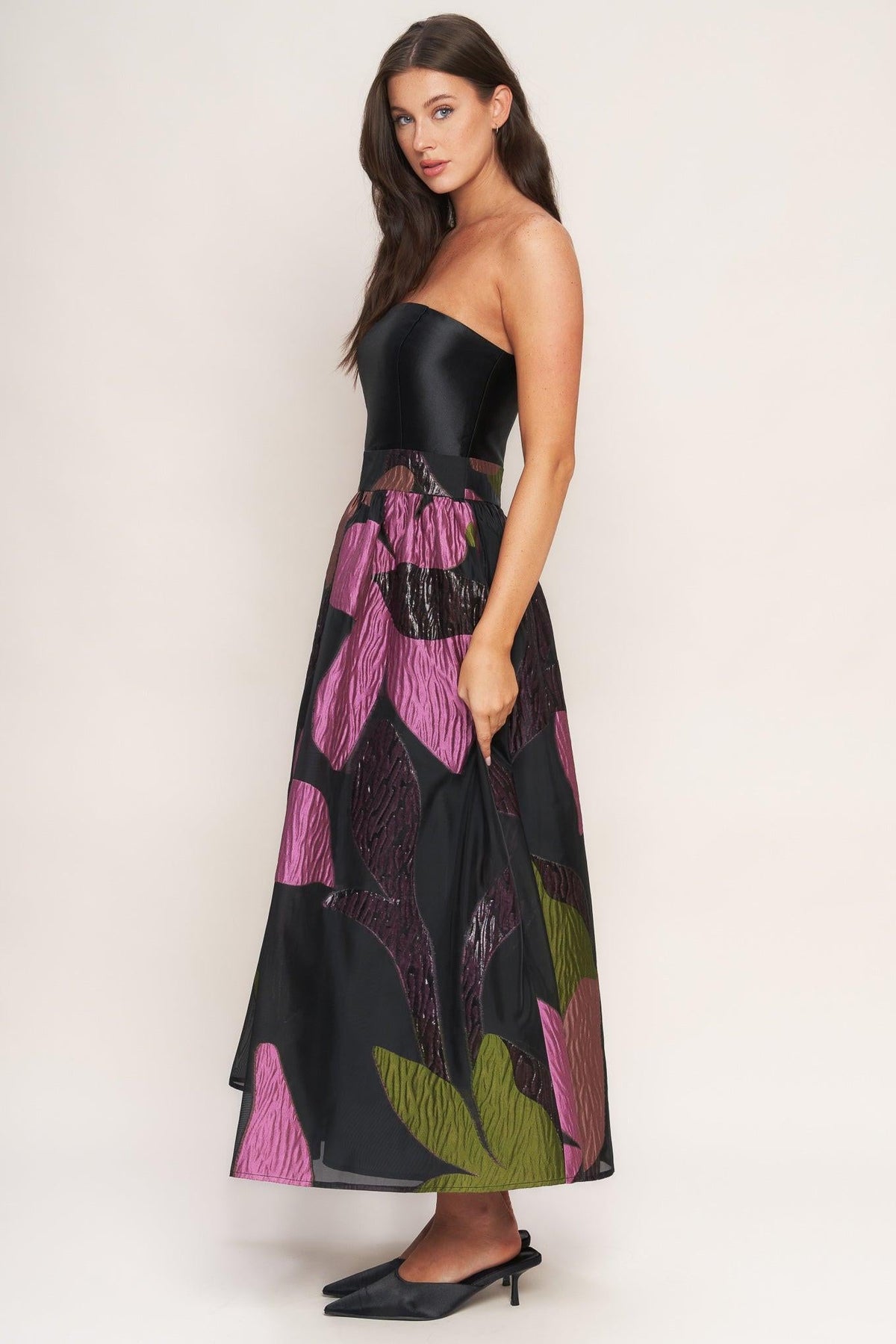 ABSTRACT ROSE WOVEN MIDI DRESS