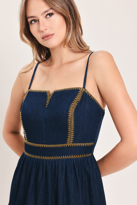 STARS ALONG THE SEAM DENIM MAXI DRESS