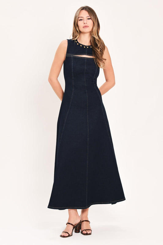MIDNIGHT GOLDEN SECRET DENIM MAXI DRESS