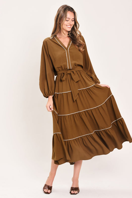 MAPLE TIERED MOMENTS WOVEN MIDI DRESS