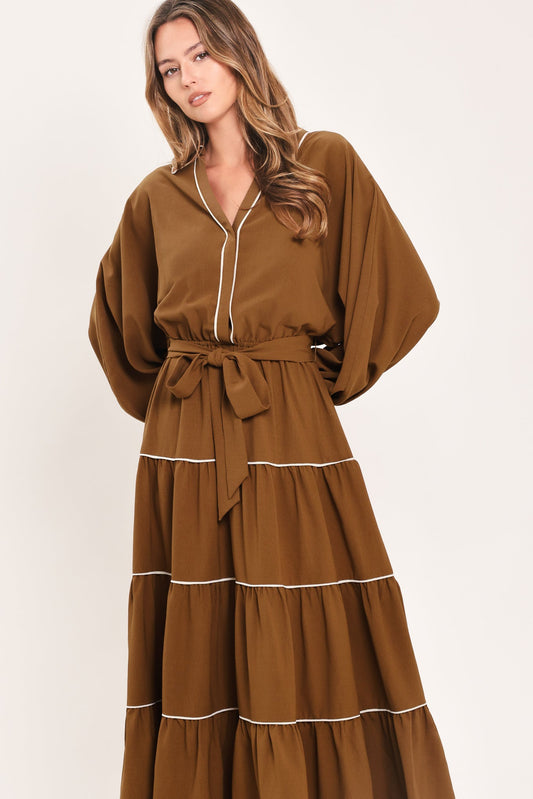 MAPLE TIERED MOMENTS WOVEN MIDI DRESS