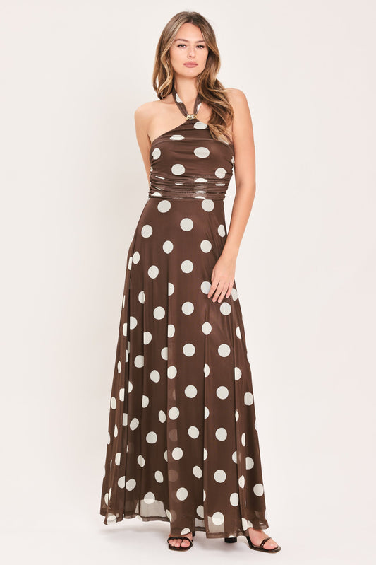 POLKA KISSES HALTER POWER MESH MAXI DRESS