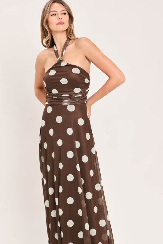 POLKA KISSES HALTER POWER MESH MAXI DRESS