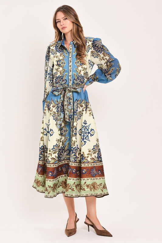 SKYBORNE ORNAMENTAL GRACE WOVEN MIDI SHIRT DRESS