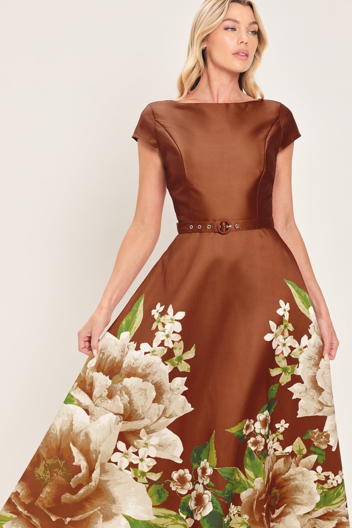 RUST REVERIE RUST PRINTED BELTED CIRCLE-SKIRT MIDI DRESS