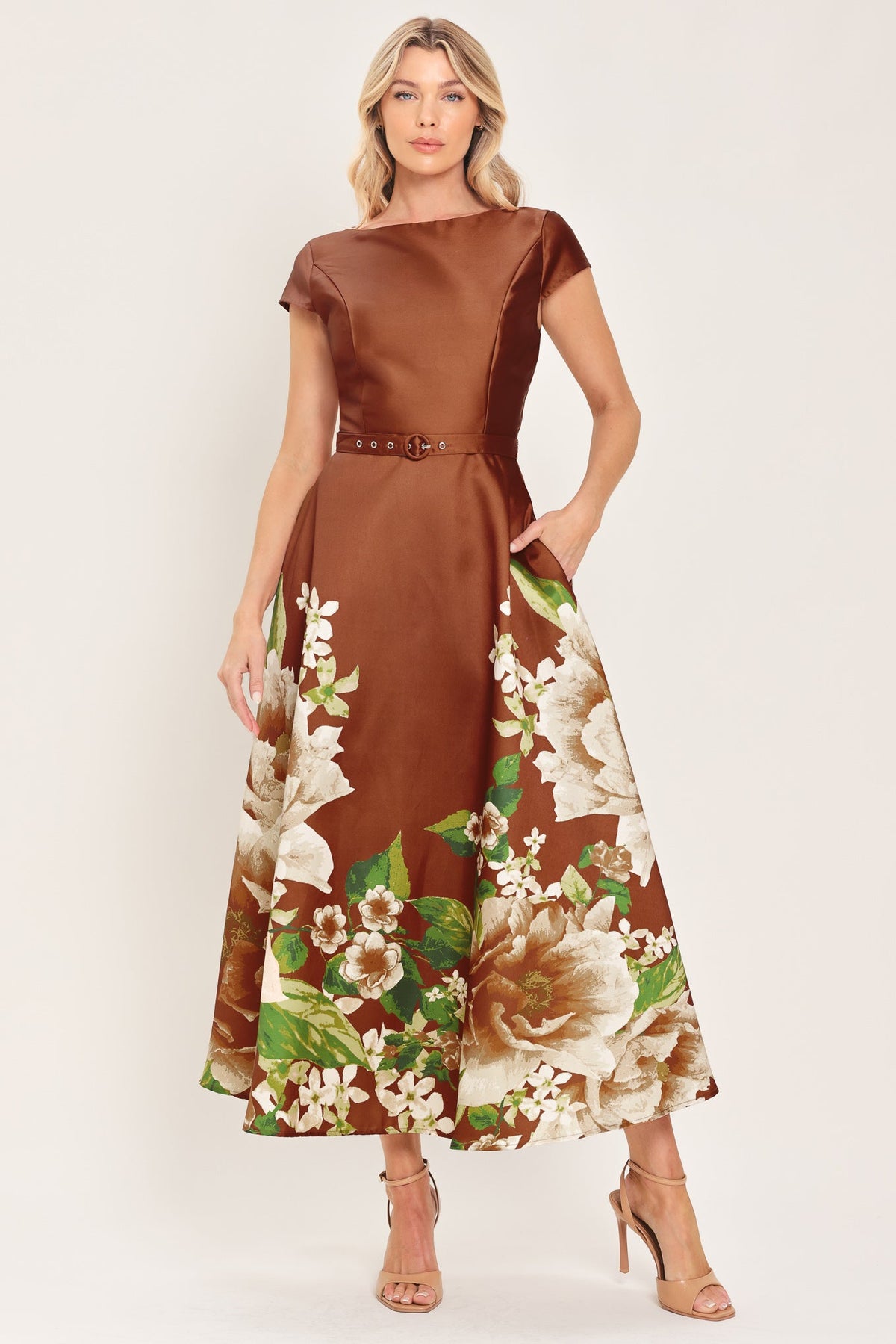 RUST REVERIE RUST PRINTED BELTED CIRCLE-SKIRT MIDI DRESS