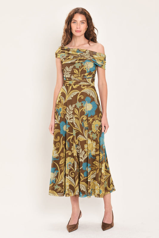 TEAL TEMPTATION BROWN/TEAL DRAPED ONE-SHOULDER MESH MIDI DRESS