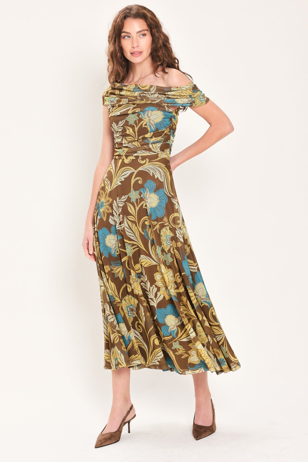 TEAL TEMPTATION BROWN/TEAL DRAPED ONE-SHOULDER MESH MIDI DRESS