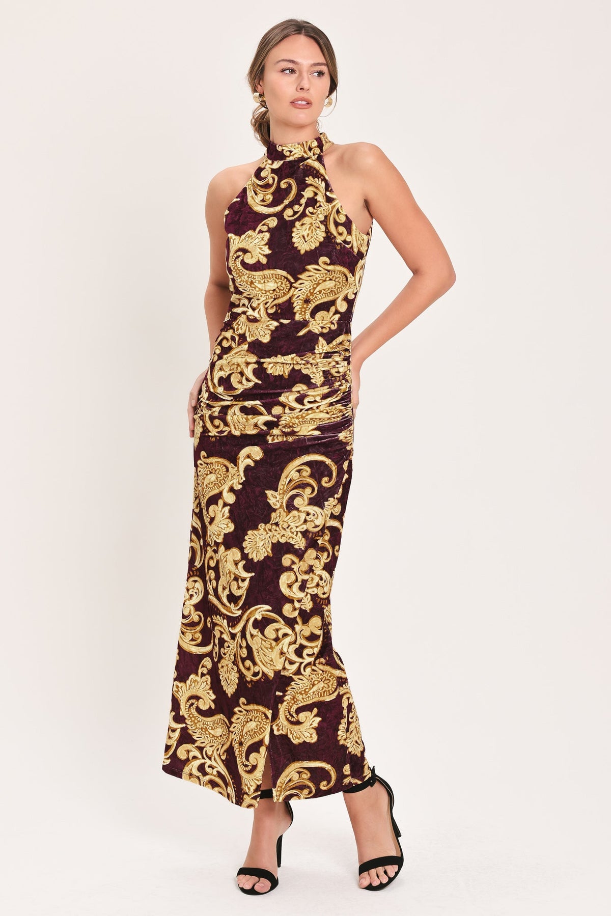 SCARLET SPELL DARK SCARLET PRINTED CRUSHED VELVET HALTER MAXI DRESS