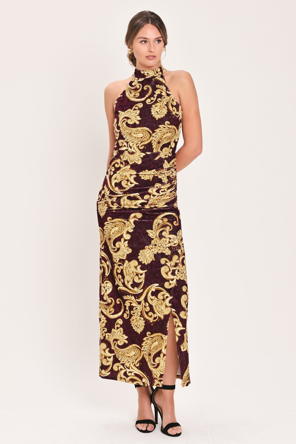 SCARLET SPELL DARK SCARLET PRINTED CRUSHED VELVET HALTER MAXI DRESS