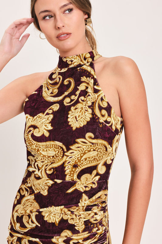 SCARLET SPELL DARK SCARLET PRINTED CRUSHED VELVET HALTER MAXI DRESS