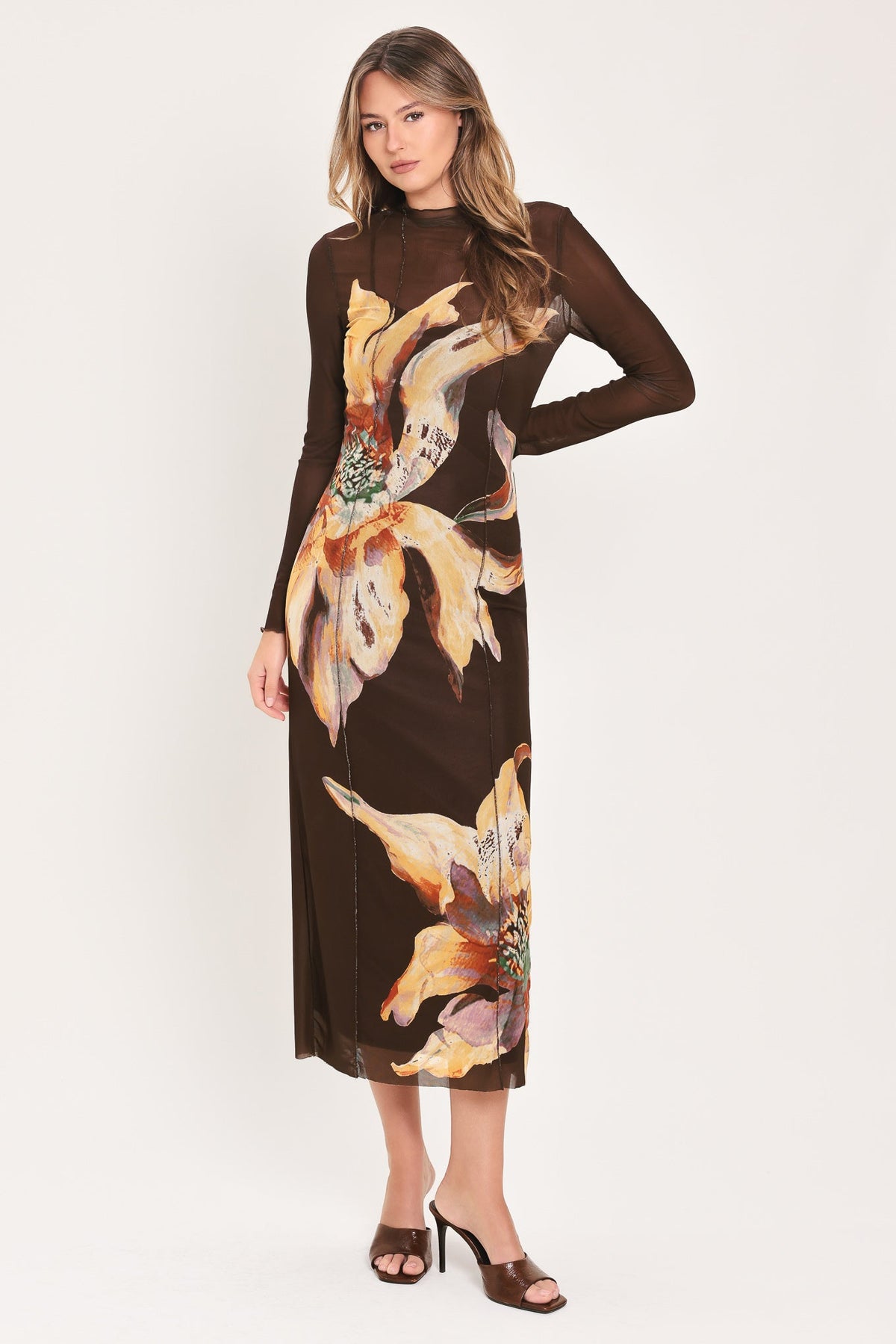 MOCHA MYSTIQUE DARK BROWN PRINTED MESH MIDI DRESS
