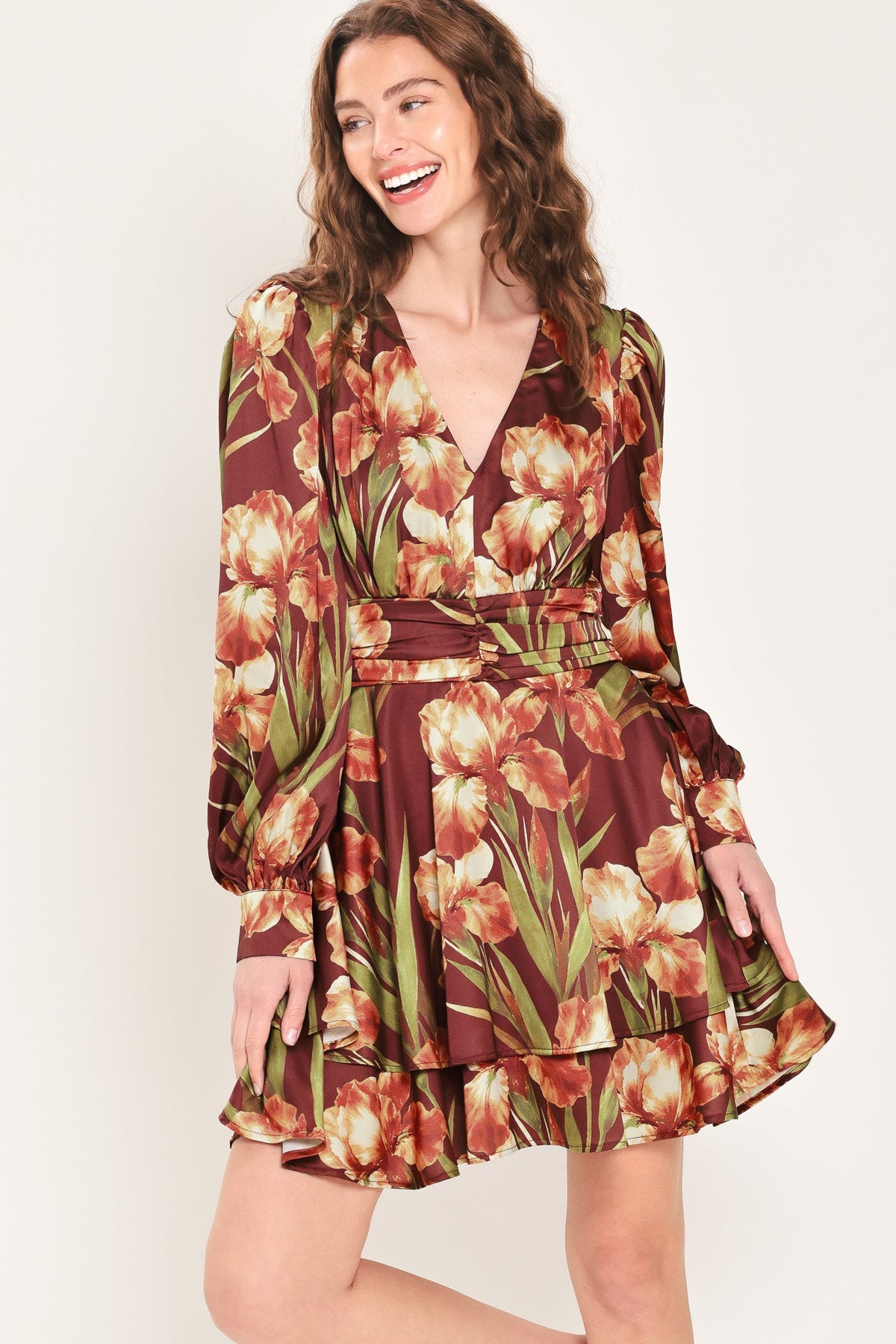 BURGUNDY CRUSH PRINTED RUCHED-WAIST TIERED MINI DRESS