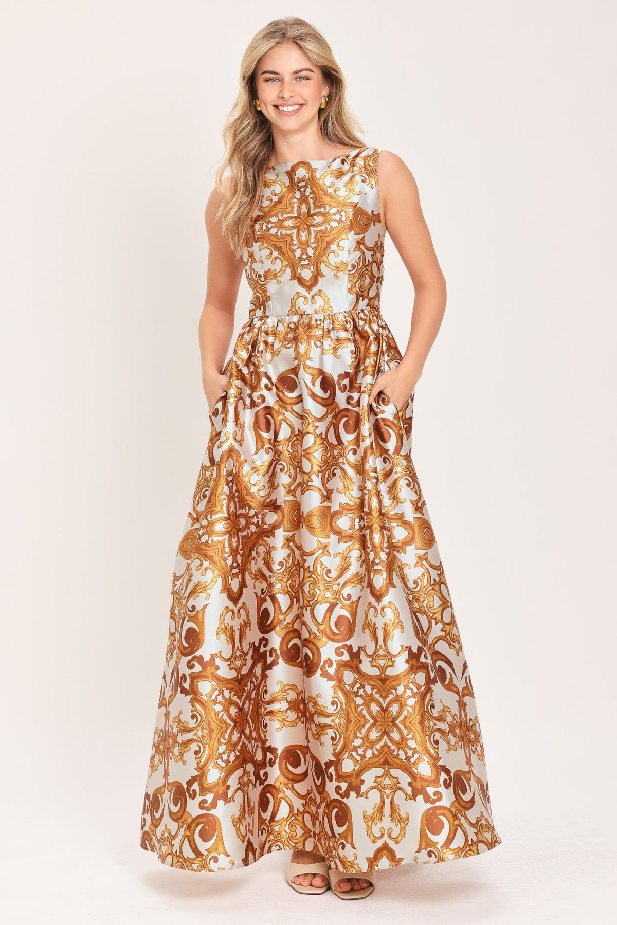 RUSTIC BLOOM RUST PRINTED FULL-SKIRT MAXI DRESS