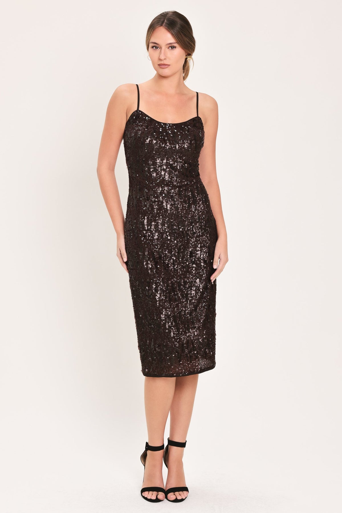 BRONZE AFTERGLOW BROWN SEQUIN SLIP MIDI DRESS