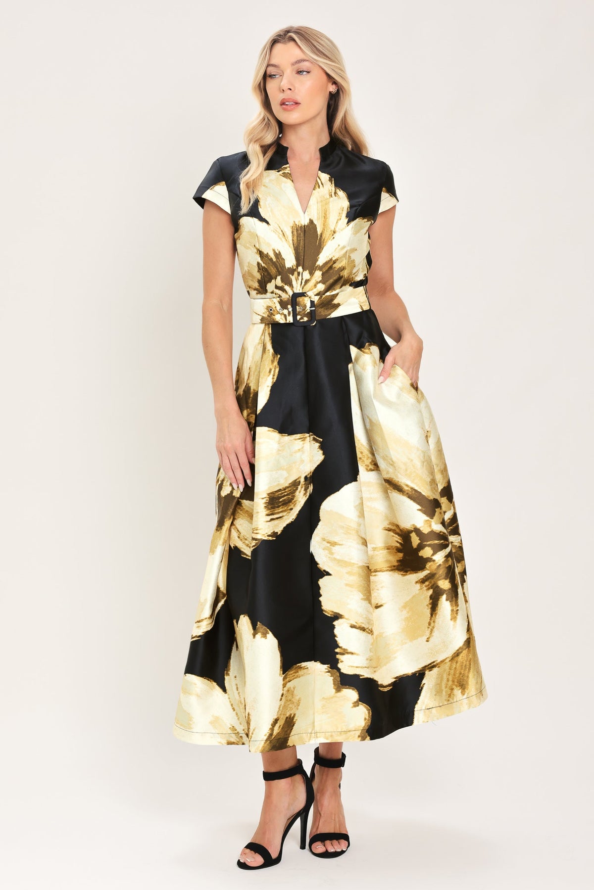 NOIR CHARM BLACK PRINTED BELTED FULL-SKIRT MIDI DRESS