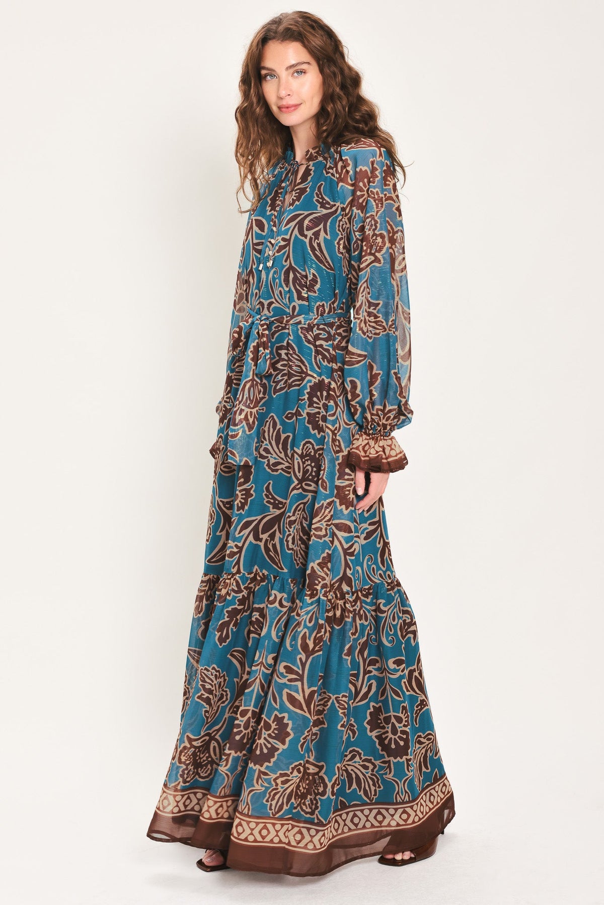 TEAL ESCAPE PRINTED RUFFLE-NECK BELTED MAXI DRESS
