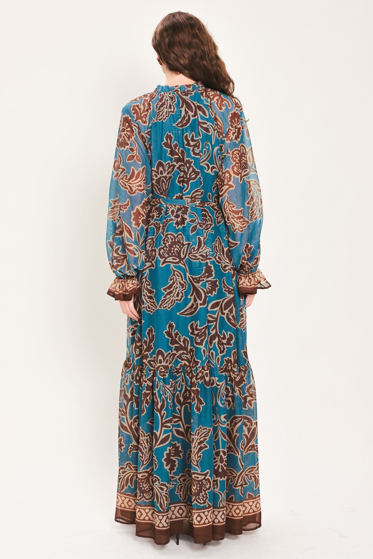 TEAL ESCAPE PRINTED RUFFLE-NECK BELTED MAXI DRESS